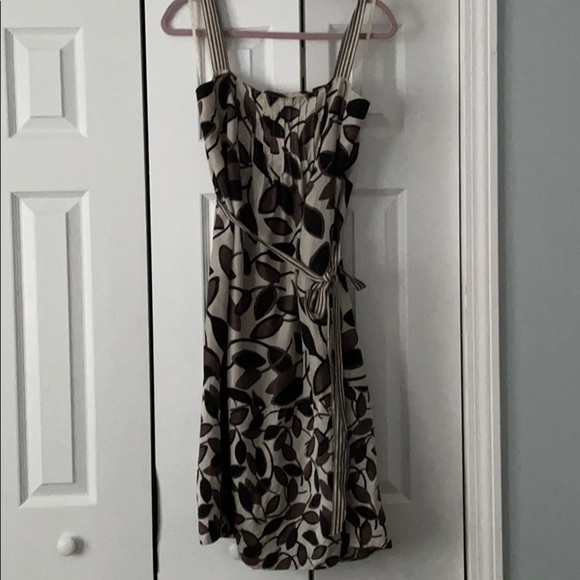 BCBGMAXAZARIA Vintage Silk Contrasting Leaves Striped Dress with Ribbon Straps - Picture 1 of 8